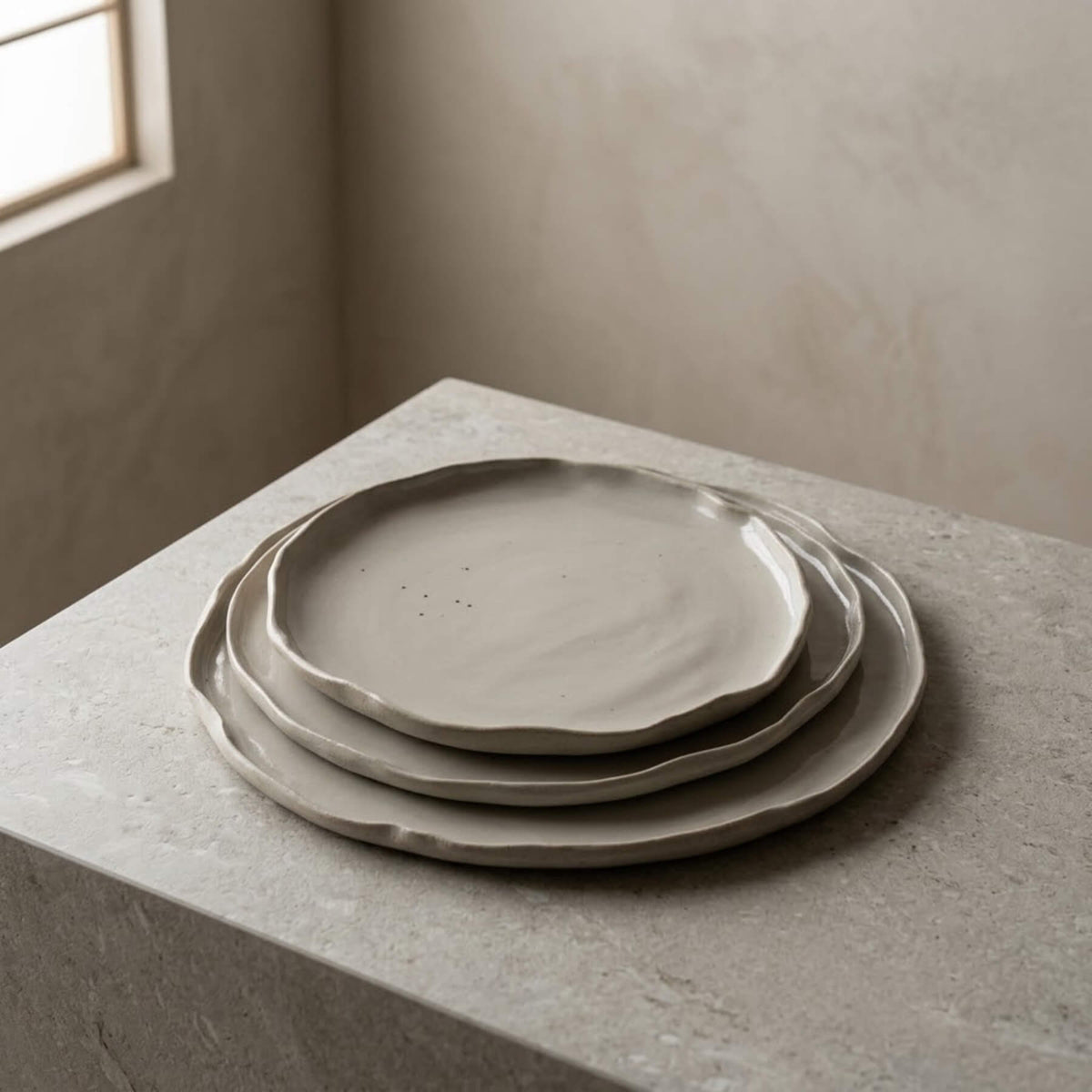 Hand-built minimalist ceramic plate set with wavy organic edges and subtle beige glaze by Authentico Ceramics.