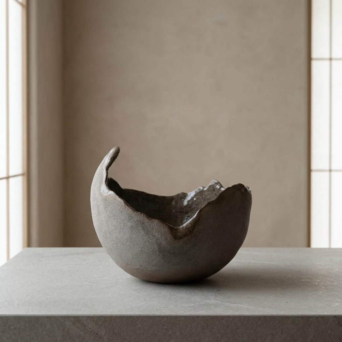 Hand-built organic ceramic vessel with raw stoneware finish and glossy interior glaze by Authentico Ceramics