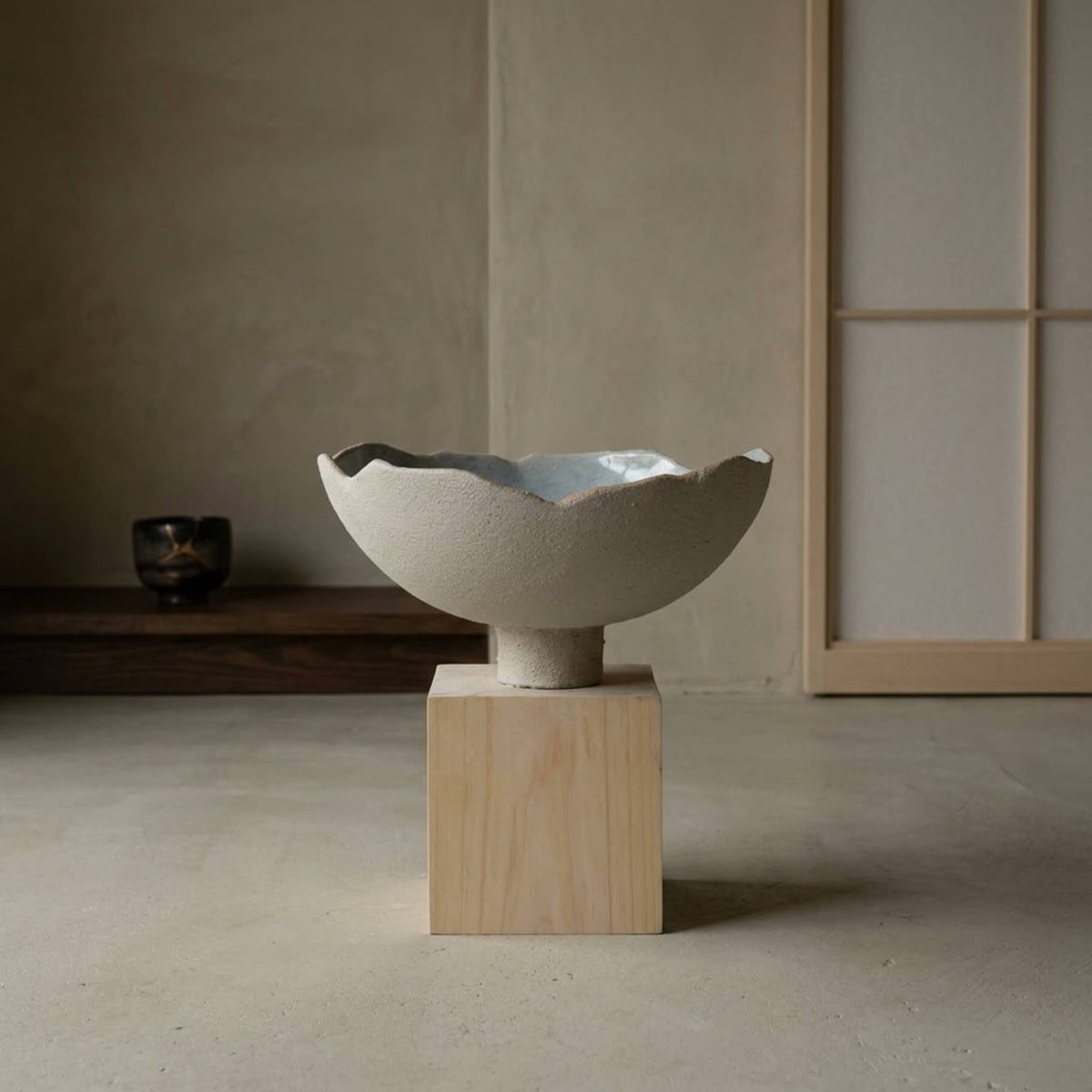 One-of-a-kind sculptural ceramic footed bowl with raw texture and pale blue glaze in a Japandi interior space, Authentico Ceramics
