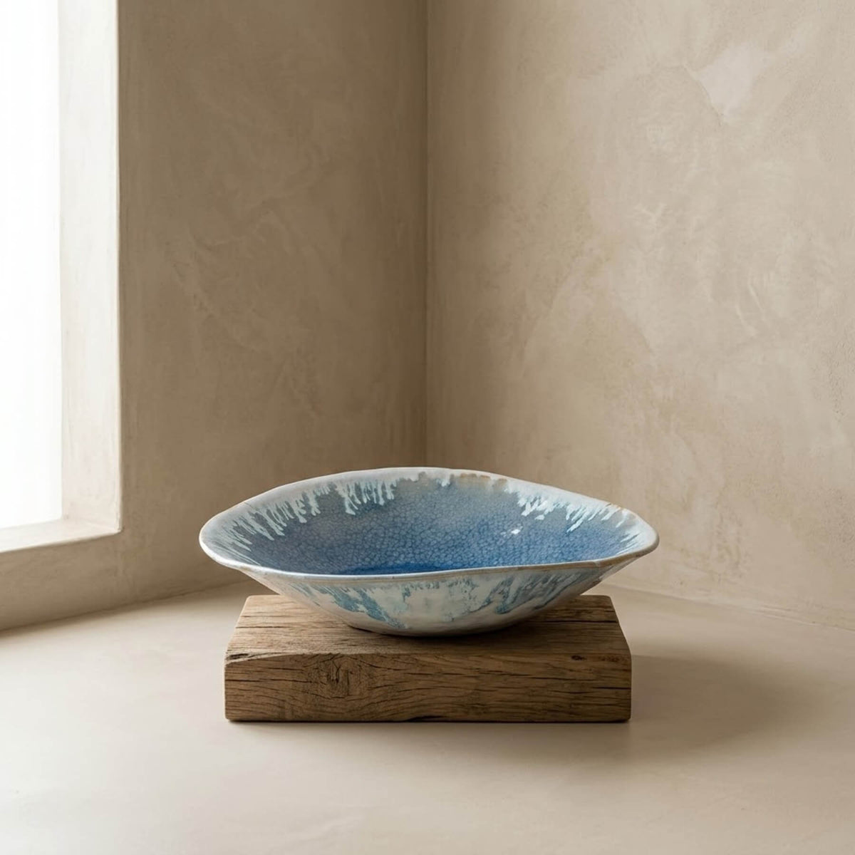 Large organic hand-sculpted stoneware shallow bowl with crystalline turquoise blue mineral glaze interior placed on a reclaimed rustic wood plinth in a minimalist Wabi-Sabi corner by Authentico Ceramics