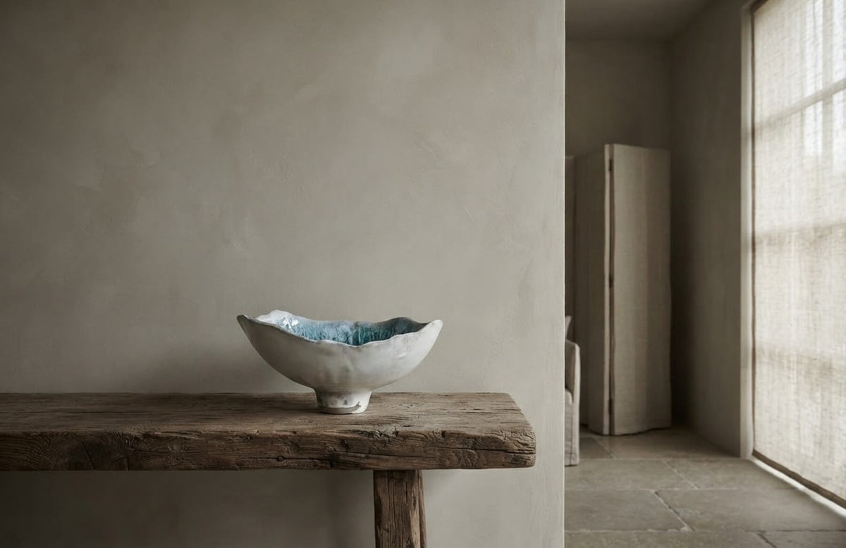 Handmade ceramic art bowl with blue crystalline glaze, commissioned for elite interior architecture and luxury Japandi residential projects. 
