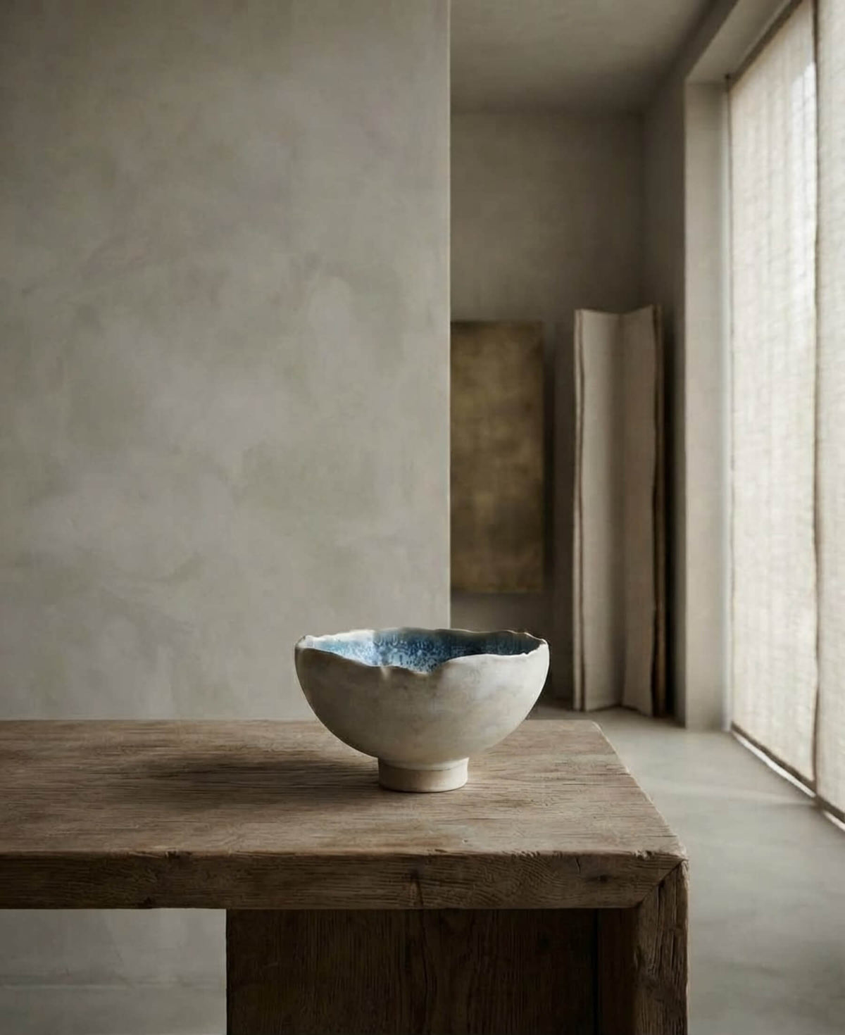 Hand-thrown ceramic art object styled on raw timber for luxury interior designers and bespoke architectural installations.